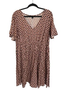 torrid Brown and Pink Geometric Floral V-Neck Swing Dress